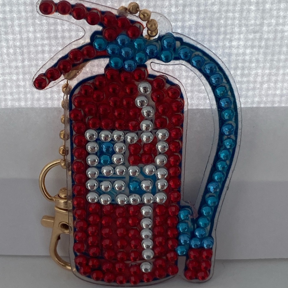Handmade Red and Blue Rhinestone Fire Extinguisher Keychain